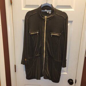 Chicos Travelers 2 Army Olive Green Full Zip Jacket Top Cinch Waist Large